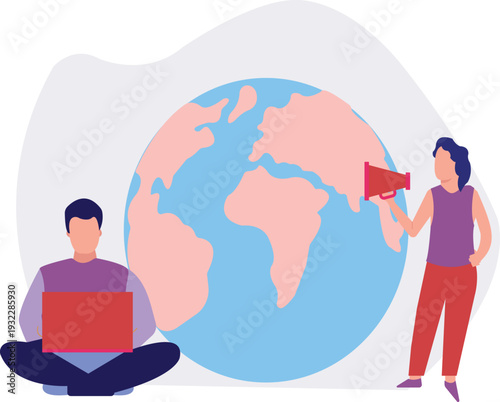 A boy is sitting near global world.