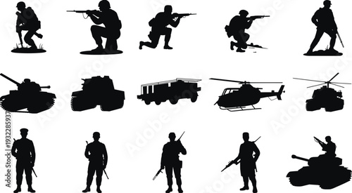 Military silhouettes soldiers with rifles, tanks, helicopters, armored vehicles illustration, combat poses vector art, defense army equipment, black and white design