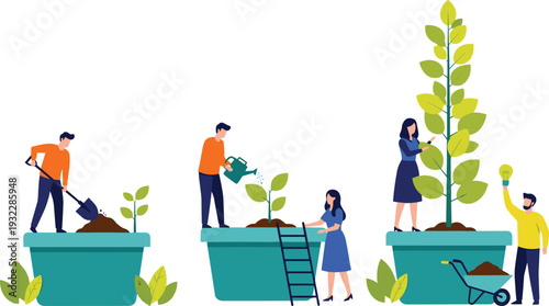Plant growth stages, teamwork, nurturing ideas, innovation, soil shoveling, watering plants, pruning tree, development process, creative metaphor, vector illustration, flavector