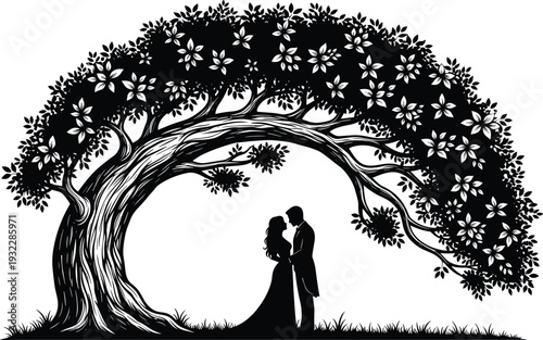 Romantic couple silhouette under tree, love embrace scene, nature canopy illustration, intimate kiss moment, floral leaves design, peaceful outdoor setting - flavector