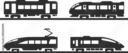 Modern train silhouettes collection, commuter rail, regional train, high‑speed locomotive, electric railway, transportation design, engineering progress, travel illustration, railway evolution