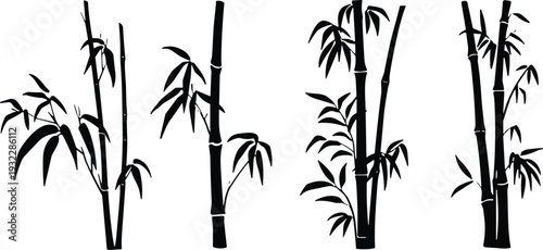Silhouette bamboo stalks with leaves, artistic nature illustration, minimalist Asian design collection of four creative botanical figures representing tranquility