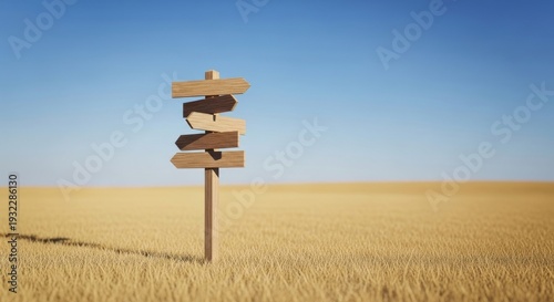Wooden directional signpost in a vast, dry grassy field