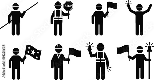 Vector Silhouette Set of Construction Workers and Road Safety Personnel Holding Stop Signs, Flags, and Signal Lights for Traffic Control and Industrial Site Safety.