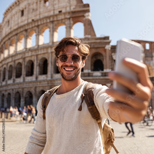 Smiling tourist visiting Coloseum in Rome, Italy - Handsome young man taking selfie with smart mobile phone device - Traveler with backpack enjoying summer vacation - Travel and technology concept