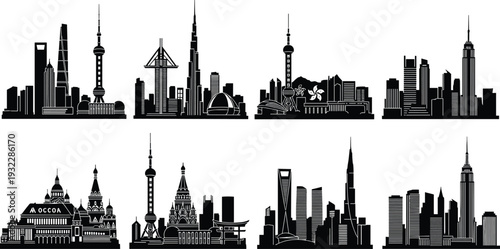 Vector silhouette illustration set of famous world city skylines including New York, Dubai, Moscow, Shanghai, and Hong Kong landmarks with skyscrapers and architectural urban buildings