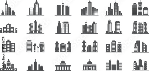Silhouette building icons collection, skyscrapers, government domes, office towers, apartment blocks illustration, urban architecture vector art, black and white design