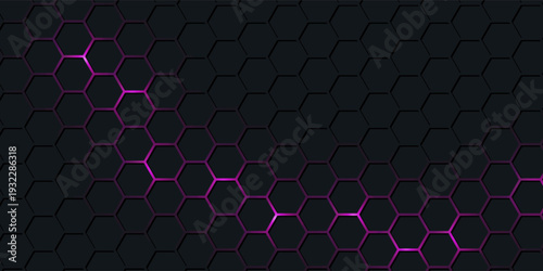 Dark purple technology hexagonal vector background. Pink bright energy flashes under hexagon in dark technology modern futuristic background vector illustration. Dark violet honeycomb texture grid.