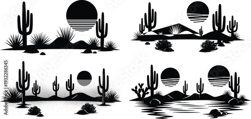 Vintage Black and White Desert Landscape Silhouette Set Featuring Saguaro Cacti Sand Dunes and a Sunset Sun Representing Southwestern Wilderness Adventure and Arid Nature ScenesVintage Black and 