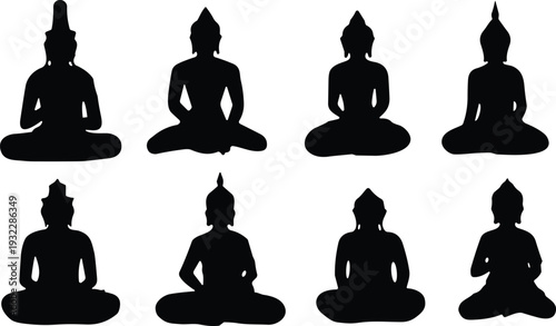 Silhouette Buddha figures in meditation, spiritual iconography collection, eight artistic religious illustrations representing cultural Buddhist art and peaceful mindfulness
