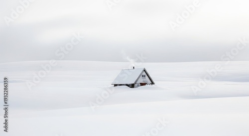 Solitary cabin buried in vast, minimalist white snow landscape