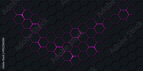 Dark purple technology hexagonal vector background. Pink bright energy flashes under hexagon in dark technology modern futuristic background vector illustration. Dark violet honeycomb texture grid.
