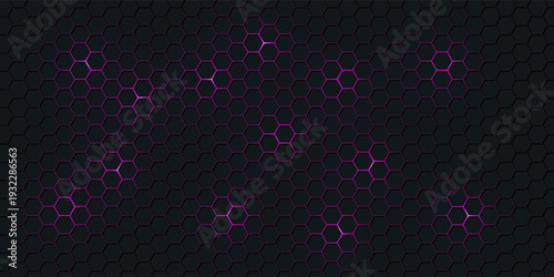 Dark purple technology hexagonal vector background. Pink bright energy flashes under hexagon in dark technology modern futuristic background vector illustration. Dark violet honeycomb texture grid.