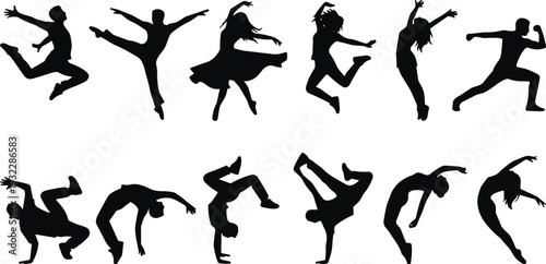 Silhouette dancers performing expressive ballet, contemporary, and street dance poses, artistic collection of twelve dynamic figures showcasing diverse movement styles