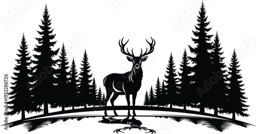 Deer Silhouette in Pine Forest Landscape with Reflection, Black Wildlife Nature Vector Illustration Isolated on White Background