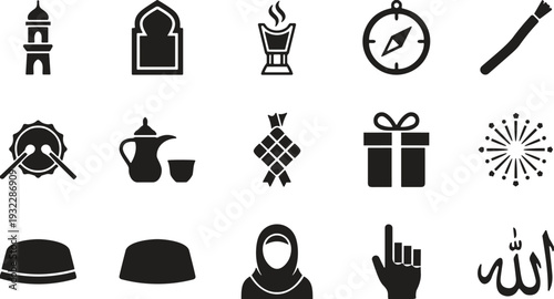 Silhouette Islamic culture icons, mosque, hijab, Arabic coffee, religious symbols, artistic collection of sixteen figures representing tradition and celebration