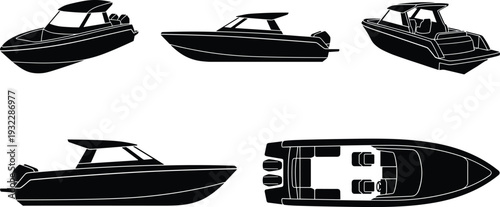Cabin Cruiser Speedboat Silhouette Set with Side and Top Views, Modern Motor Yacht Vector Illustration Isolated Background