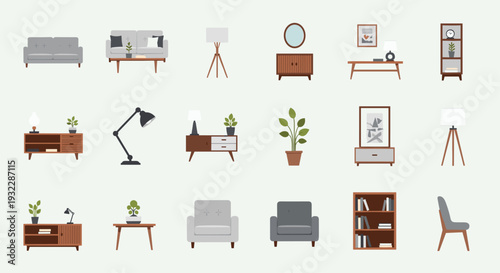 Collection of various modern furniture icons in flat style for interior design and decoration purposes, Generative AI.