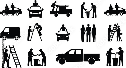 Silhouette people with vehicles, teamwork, maintenance, trash disposal, ladder work illustration, daily life activity vector art, black and white design