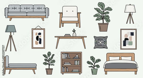 A collection of various furniture and decor items on a light green background including a sofa chair bed lamps plants and shelves with books and artwork, Generative AI.