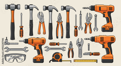 Collection of various orange and black power tools and hand tools on beige background, Generative AI.