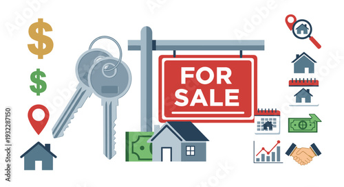 Colorful illustration of real estate and property for sale concepts with icons and symbols, Generative AI.