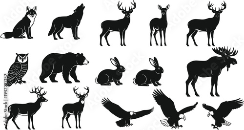 Wildlife Animal Silhouette Collection Featuring Deer Bear Wolf Fox Owl Eagle Moose and Rabbit Vector Icons Set
