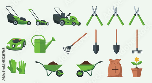 Collection of various green gardening tools and equipment on light green background, Generative AI.