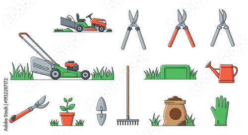 Collection of various gardening tools and equipment icons for landscaping and yard work, Generative AI.