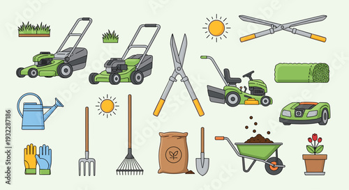 Collection of gardening tools and equipment for lawn care and maintenance activities, Generative AI.