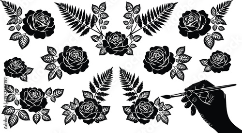 Rose and Fern Botanical Illustration Set with Artist Hand, Detailed Black and White Floral Vector Collection Isolated on White