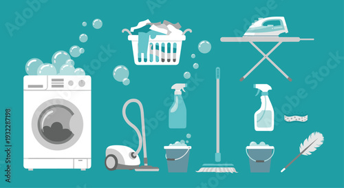 Collection of various household cleaning tools and appliances on green background, Generative AI.