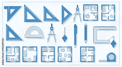 Collection of various blue drafting tools and geometric shapes, Generative AI.
