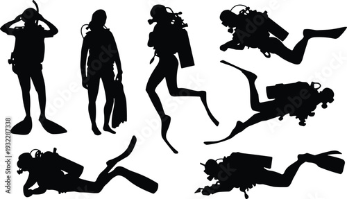 Silhouette scuba divers underwater, swimming and diving poses, artistic marine illustration collection of seven figures with scuba gear equipment