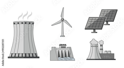 Renewable energy sources icons including nuclear power plant wind turbine solar panels hydroelectric dam and industrial factory, Generative AI.