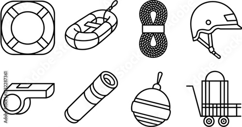 Silhouette safety equipment icons, life preserver, inflatable raft, rope, helmet, whistle, flashlight, buoy, trolley vector, outdoor survival gear design
