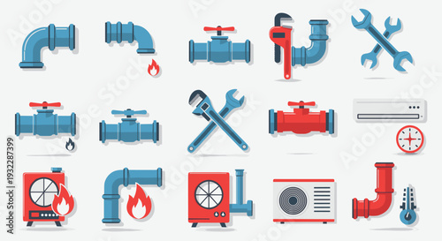 Collection of plumbing and heating service icons including pipes tools and equipment, Generative AI.