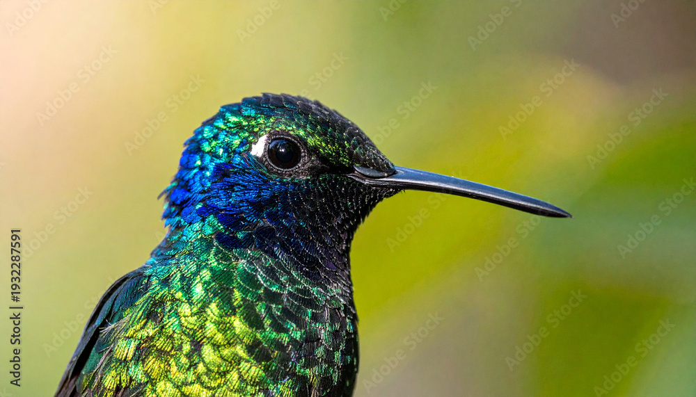 Obraz premium Iridescent vibrant green blue hummingbird closeup side profile long beak detailed plumage nature bird wildlife tropical colorful feather animal outdoor sunlight exotic small delicate avian forest