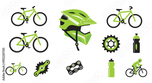 Collection of bicycle and cycling equipment icons in green and black, Generative AI.