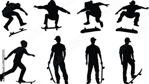 Silhouette skateboarders performing tricks and casual poses, artistic urban sport collection of eight dynamic figures showcasing skateboarding culture movement