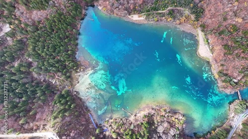 Aerial view of crystal blue lake at Sichuan Jiuzhaigou in autumn