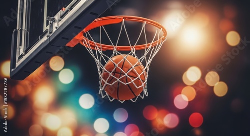 A basketball going through a hoop with colorful lights