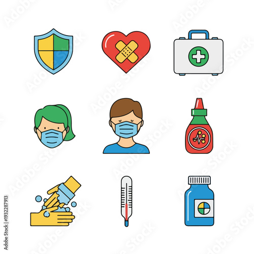 Colorful vector icons depicting healthcare, hygiene and medical supplies