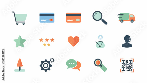 Colorful vector icons representing e-commerce, shopping, and service elements