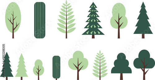 Flat Forest Tree Collection with Pine Fir Deciduous and Decorative Green Nature Elements for Landscape Park Eco Environment and Outdoor Design.