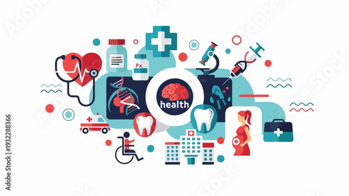 Colorful vector illustration about health featuring various medical elements