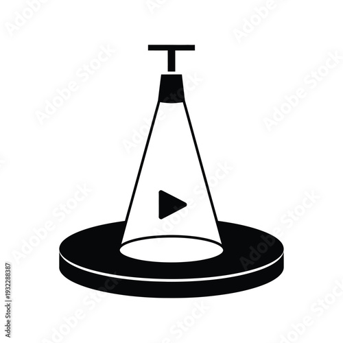 Black and white of a play button in a cone shaped spotlight