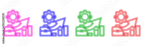 Set of business growth icons including a briefcase, gear, and upward trending graph in outline, solid, green, and blue variations representing success and development