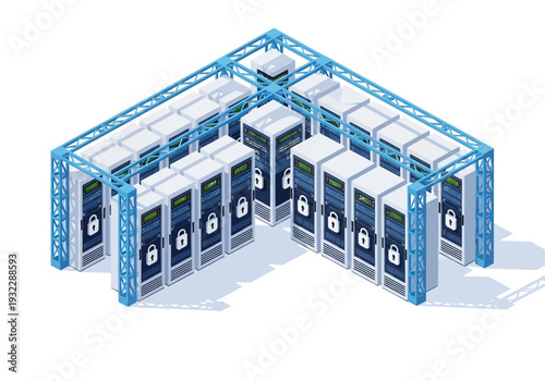Data center security and network infrastructure with locked server racks in an isometric view, representing secure cloud storage and cybersecurity