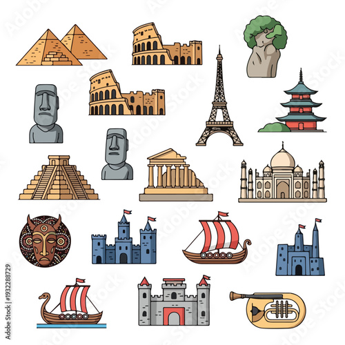 Colorful vector illustration featuring diverse iconic landmarks and cultural symbols